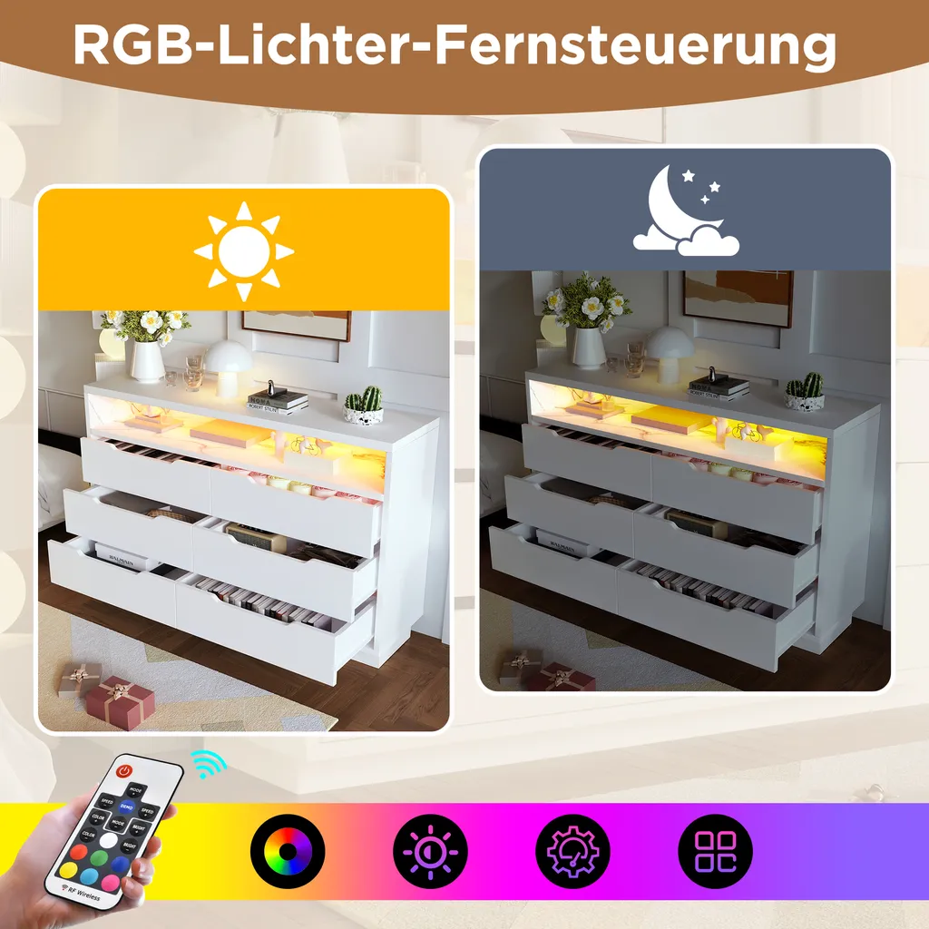 Commode Sideboard Flieks 6 Tiroirs et LED Blanc - Buffet 120x40x85cm