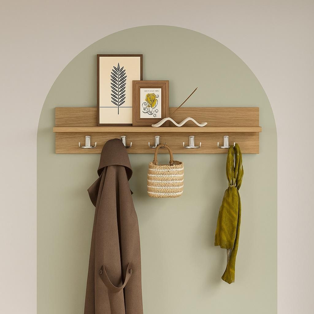 LUNOR Leon Wandgarderobe 80 cm – Garderobenleiste mit 5 Doppelhaken & Ablage – Holzoptik Pinie – Flurgarderobe Wandmontage