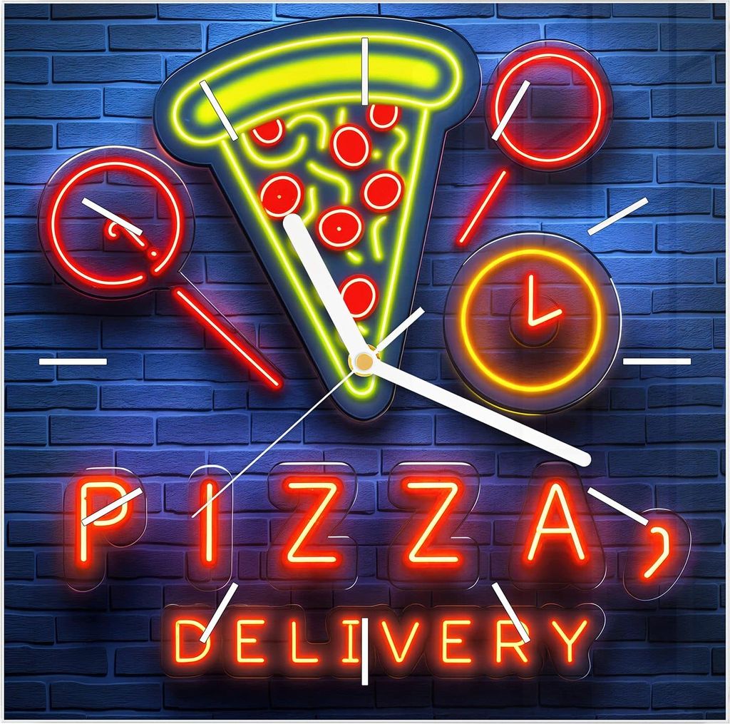 Wanduhr aus Glas mit Motiv Pizzalieferservice- 30 x 30 cm - inkl. Aufhängesystem