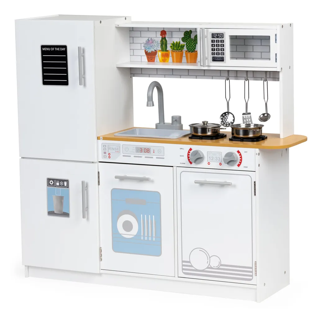 Cuisine bois enfant lumineuse LED interactive avec batterie de cuisine