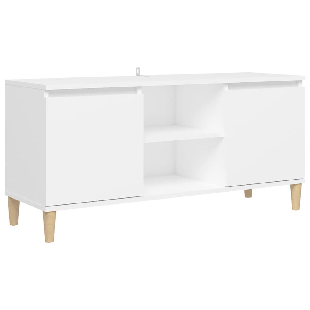 A white TV stand with wooden legs is shown against a white background.