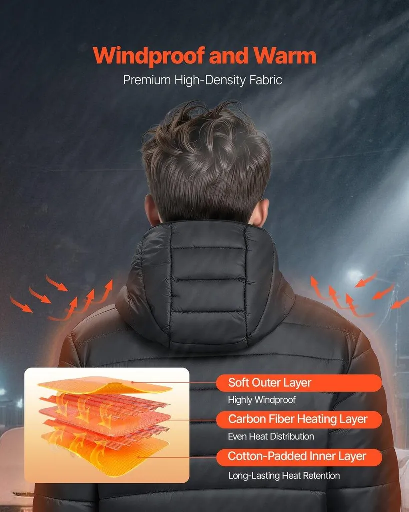 Giacca riscaldata da donna con batteria da 7,4 V, cappotto elettrico Soft Shell, capospalla leggero antivento con 4 zone di riscaldamento e 3 impostazioni di calore, per escursionismo, lavoro all'aperto, nero - 4
