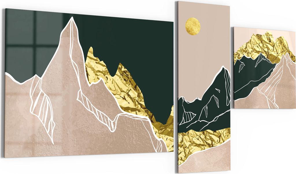 DEQORI Glasbilder 3-tlg 150x80 cm 'Goldene Gebirgswelt' Wandbilder XXL groß
