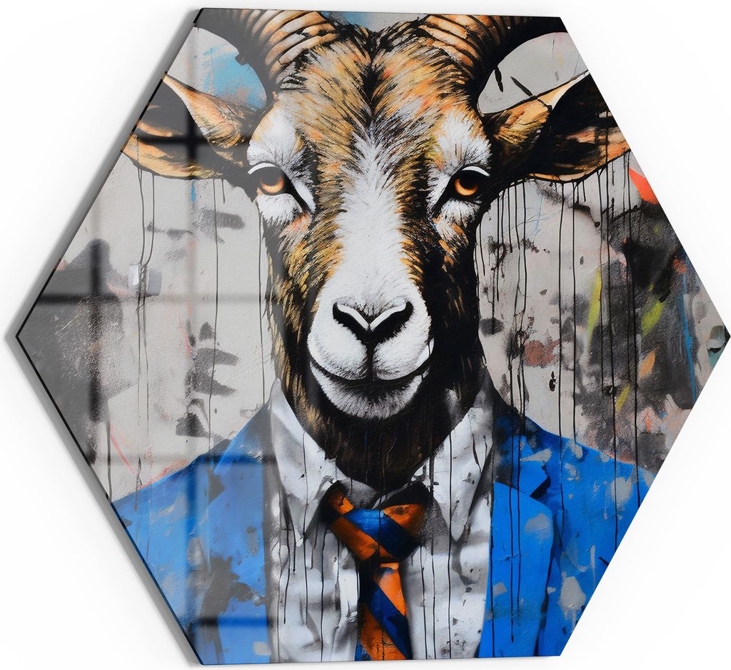 DEQOART Magnettafel Glas 40x35 cm 6-eckig 'Ziege im Anzug' beschreibbar Whiteboard Küche