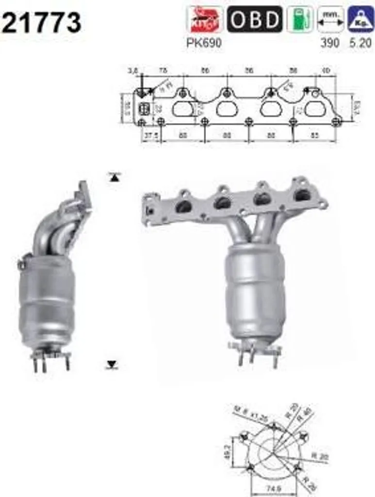 Catalyseur en acier inoxydable AS 21773 pour Opel Astra H