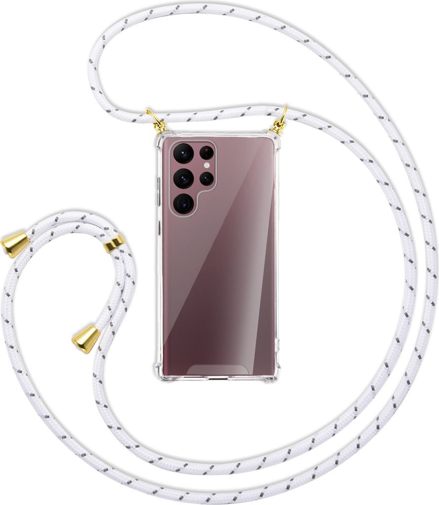 Handykette Backcover-Schutzhülle mit Band (Metall goldfarben) für Samsung Galaxy S22 Ultra 5G (S908) - weiß/grau