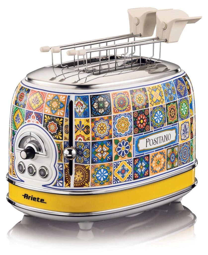 A toaster with a colorful, tiled design.