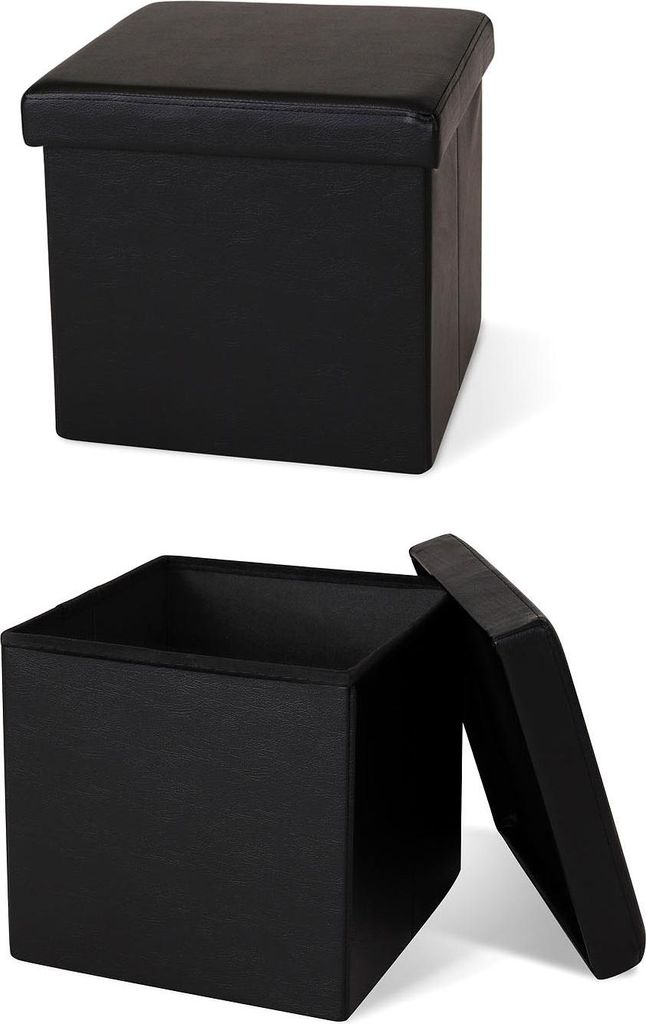 A black storage ottoman is shown in two views: one closed and one open.