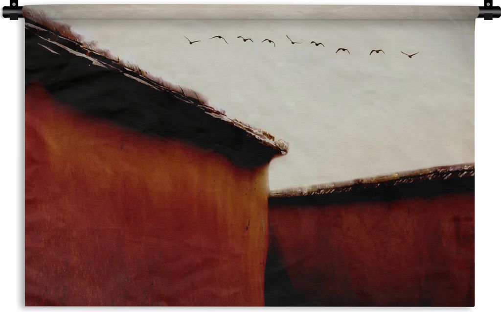 MuchoWow Wandteppich Wandbehang Tiere - Vögel - Häuser - Rot 60x40 cm Tapisserie Dekoration Wandtuch - Wanddekorationen