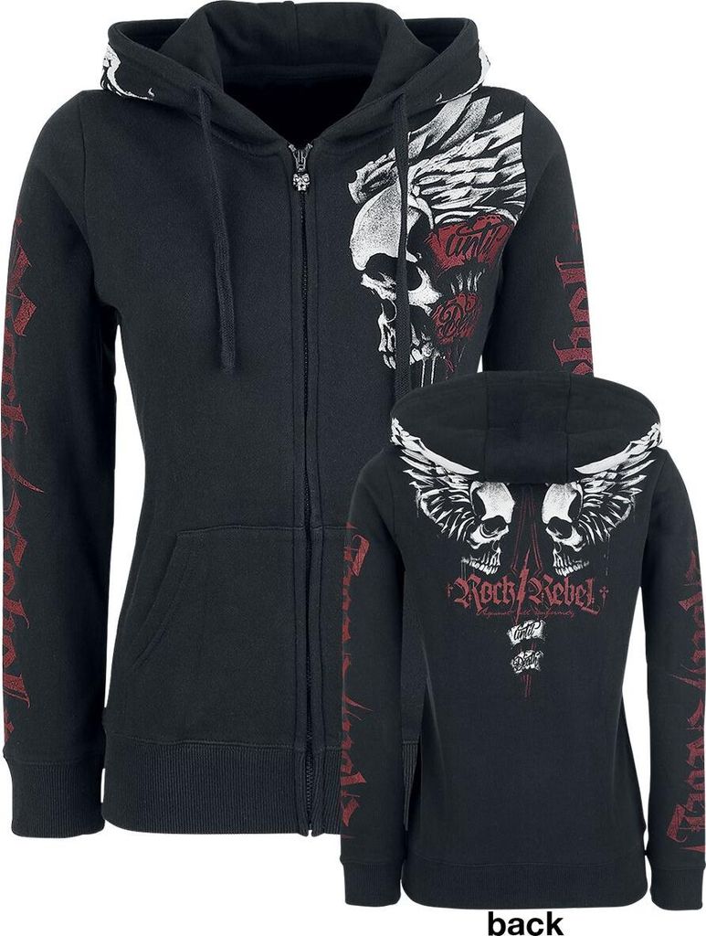Rock Rebel by EMP Damen schwarze Kapuzenjacke mit Totenkopf-Print M