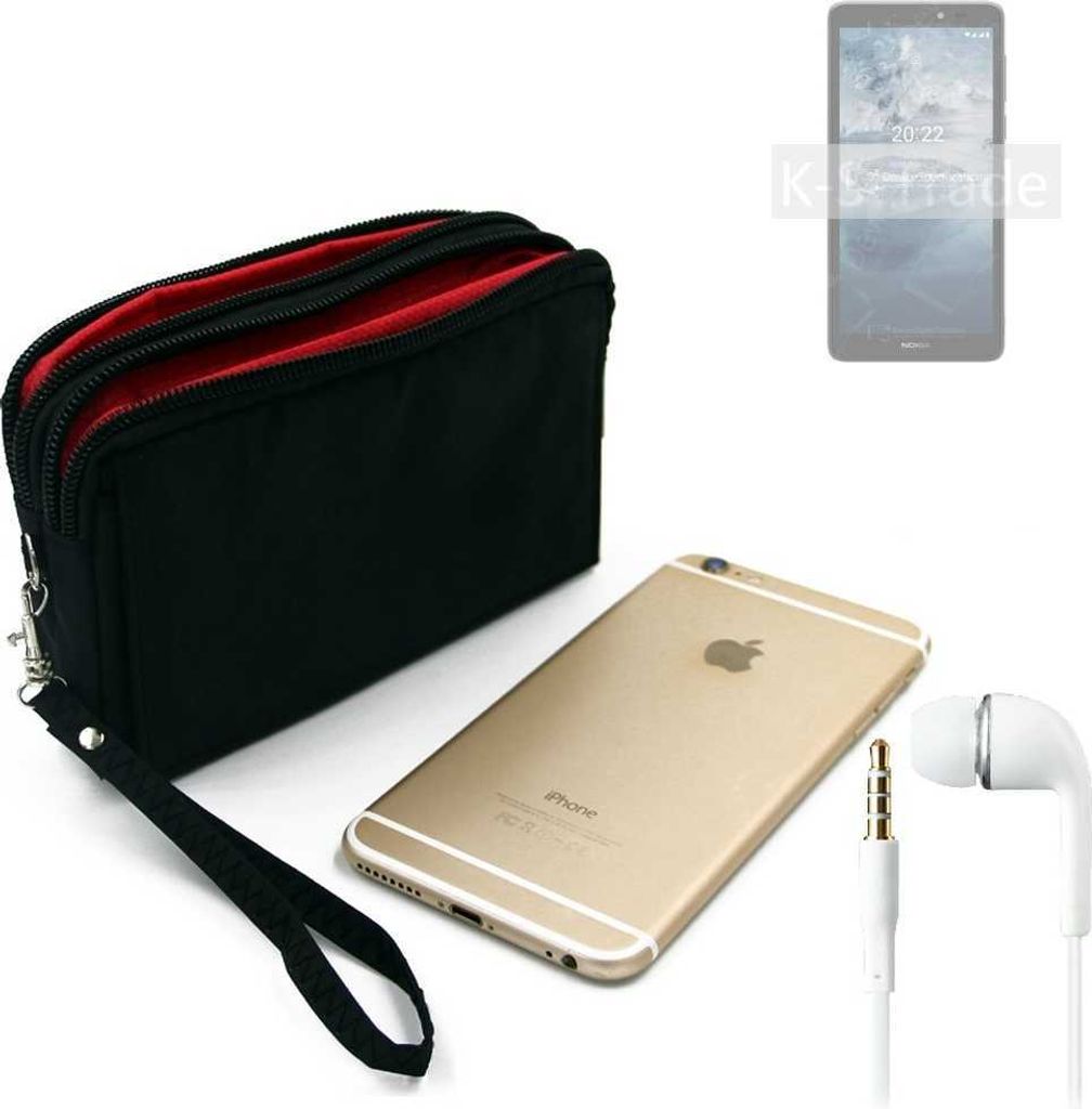 TOP SET kompatibel mit Nokia C2 2nd Edition Handy Hülle Gürteltasche schwarz + Kopfhörer Travel Bag Travel-Case mit Diebstahlschutz praktische