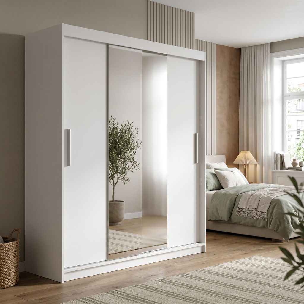 Masseno Schiebetürenschrank VIVA 180/215,5/59cm 2-türig mit Spiegel Weiß
