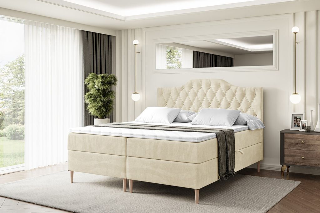ALTDECOR Boxspringbett mit Holz Füßen, Matratze und Lattenrost, Boxbett, Topper, Polsterbett mit Bettkasten, Bett mit Stauraum H4-Matratze, Doppe...
