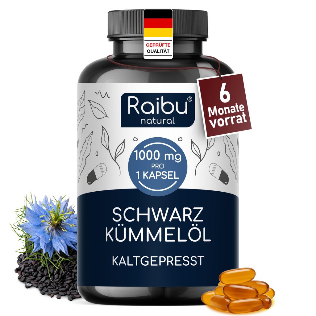 Schwarzkümmelöl Kapseln 1000 mg – kaltgepresst aus Nigella sativa – RAIBU