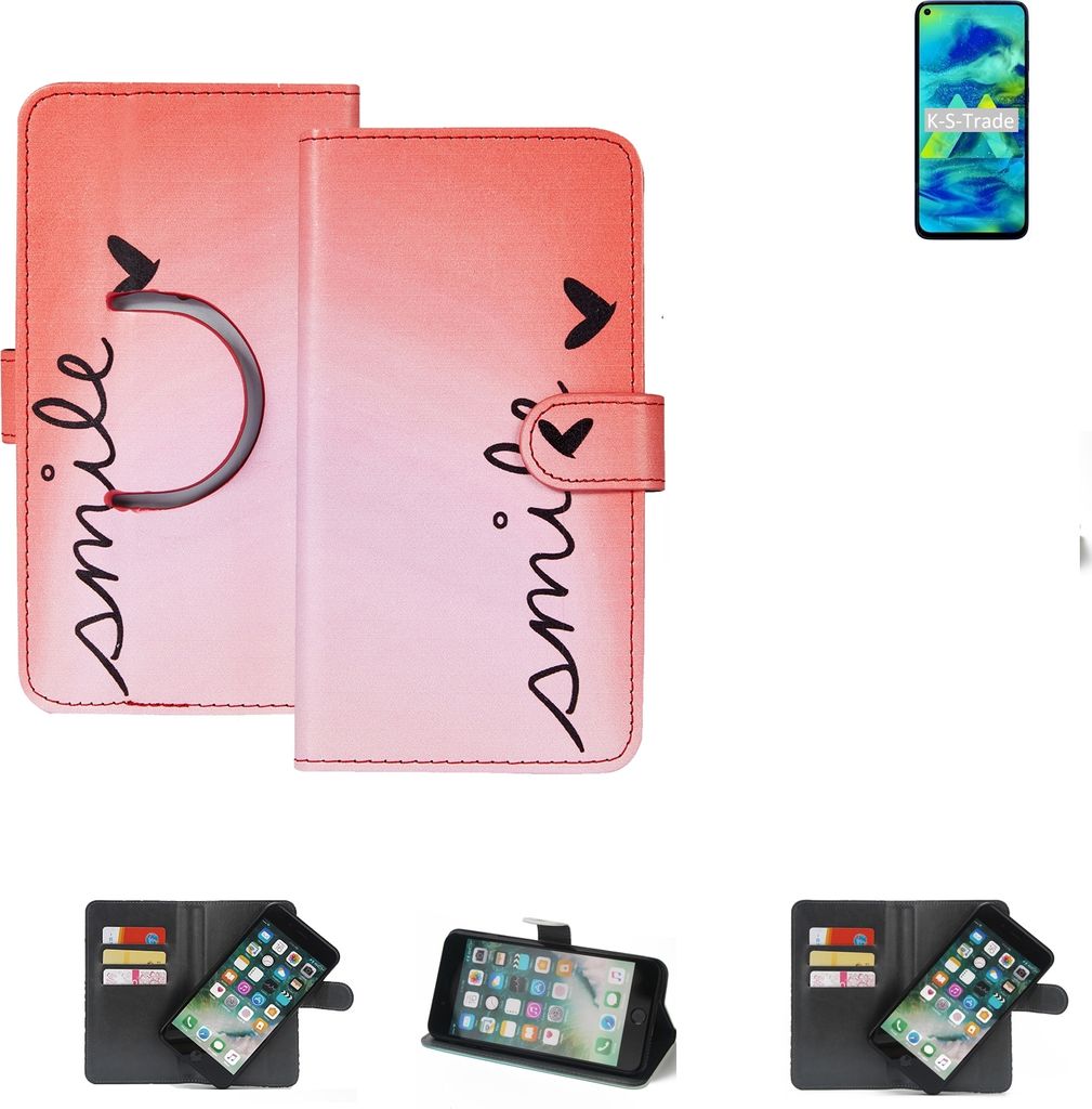 K-S-Trade Schutzhülle Handyhülle kompatibel mit Samsung Galaxy M40 Hülle cover bookstyle Etui ''smile'' rot Standfunktion Kameraschutz (1Stk)