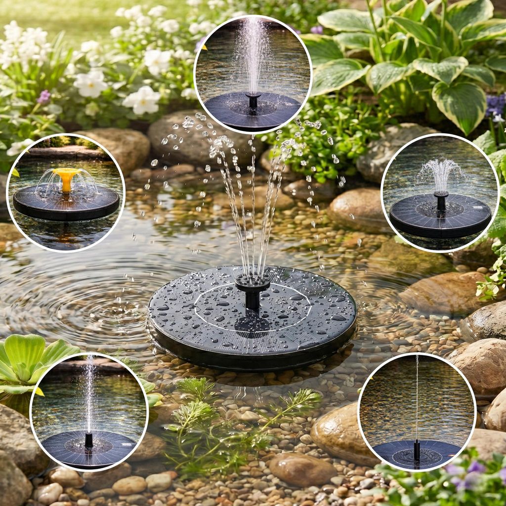 Solar Springbrunnen für draußen, Wasserfontäne als Produktbild  KI-generiertes Bild