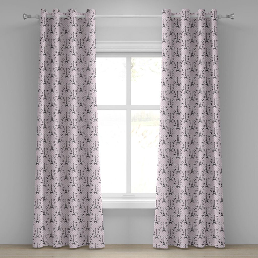 ABAKUHAUS Eiffel Ösenvorhang, Polka Dot Pattern mit skizzenhaften Eiffel Tower Figuren und romantische Herzen, Dekorative 2-Panel-Fenstervorhänge...