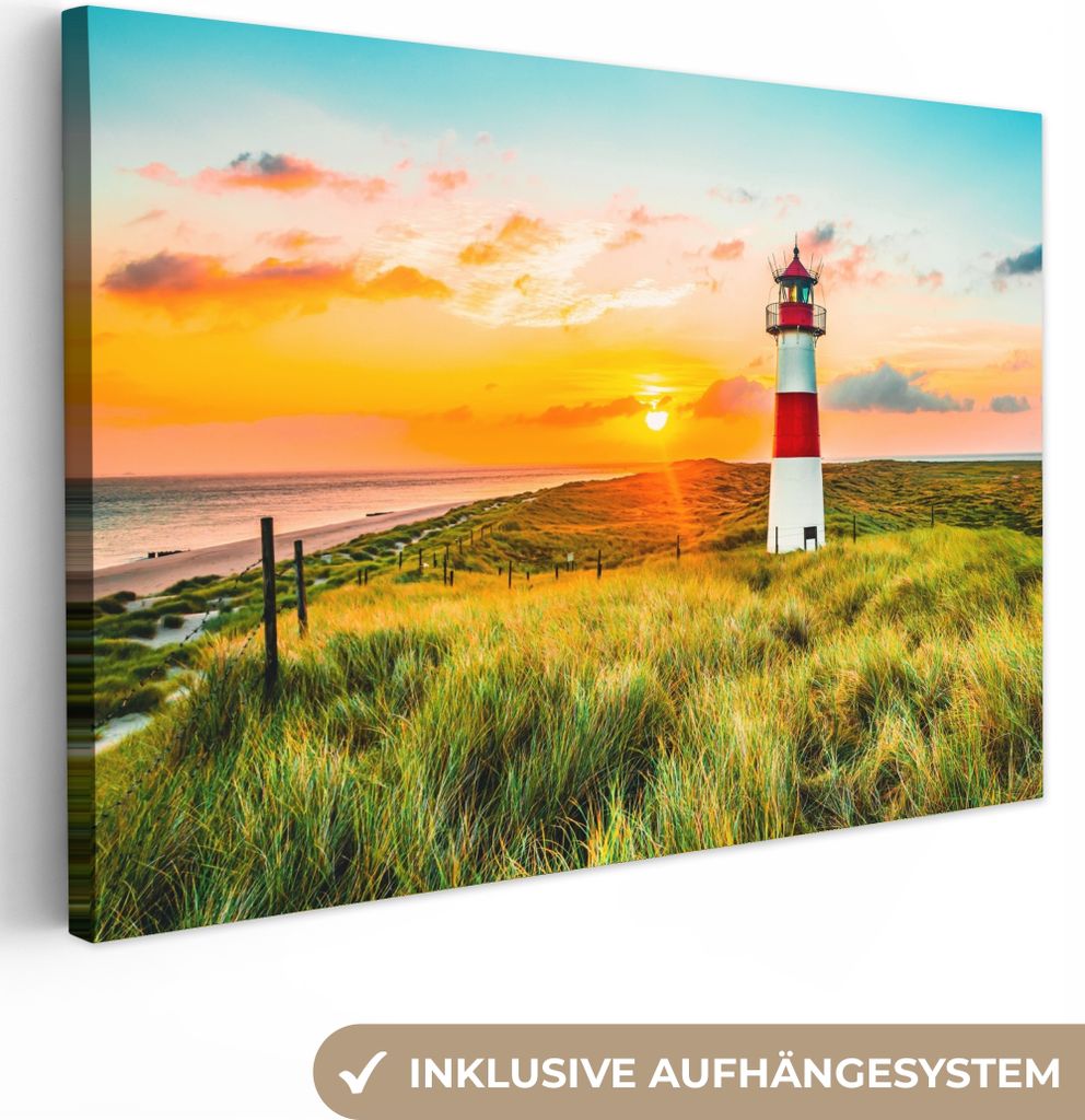 Leinwand Bilder 120x80 cm - Leuchtturm - Natur - Sonne - Landschaft - Strand - Meer, Wandbilder, Wanddeko Wohnzimmer, Bild