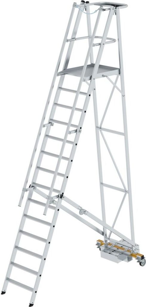 Plattformleiter klappbar mit schmalem Fahrwerk | 14 Stufen | inkl. beidseitigem Handlauf | Aluminium | nivello Leiterschuhe