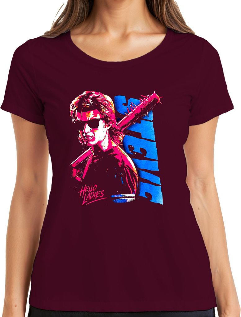 Hello Ladies 80er Neon Retro Sonnenbrille Stachelkeule Steve Damen T-Shirt, Burgundy, L