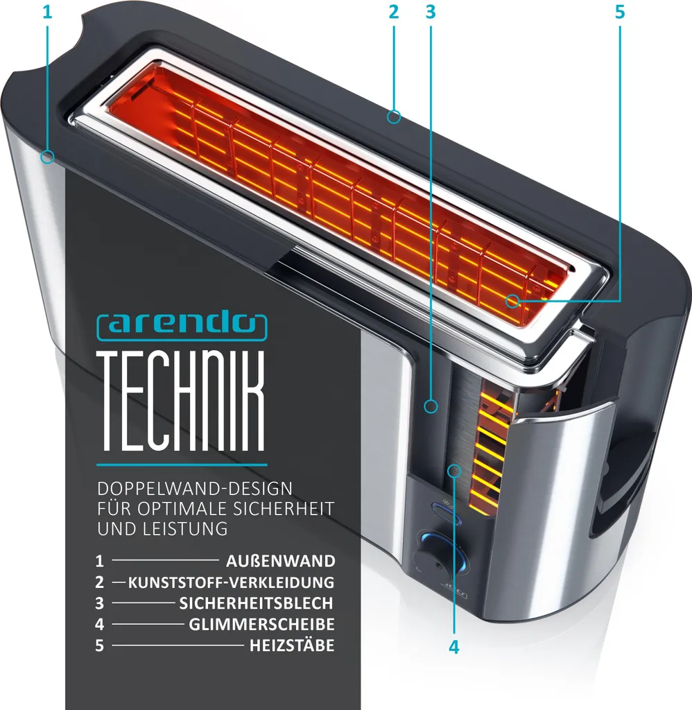Tostapane Arendo 2 fette, tostapane a fessura lunga, fessura lunga, acciaio inox, 1000W, display con indicatore del tempo residuo, piano per il pane, funzione di scongelamento, alloggiamento termoisolante, argento - 6