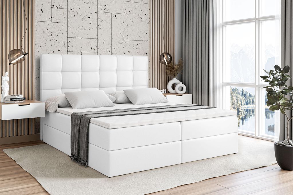 ALTDECOR Boxspringbett mit Matratze und Lattenrost - APO - 140x200 cm - Weiß Kunstleder - Boxbett, Topper, Polsterbett mit Bettkasten, Bett mit St...