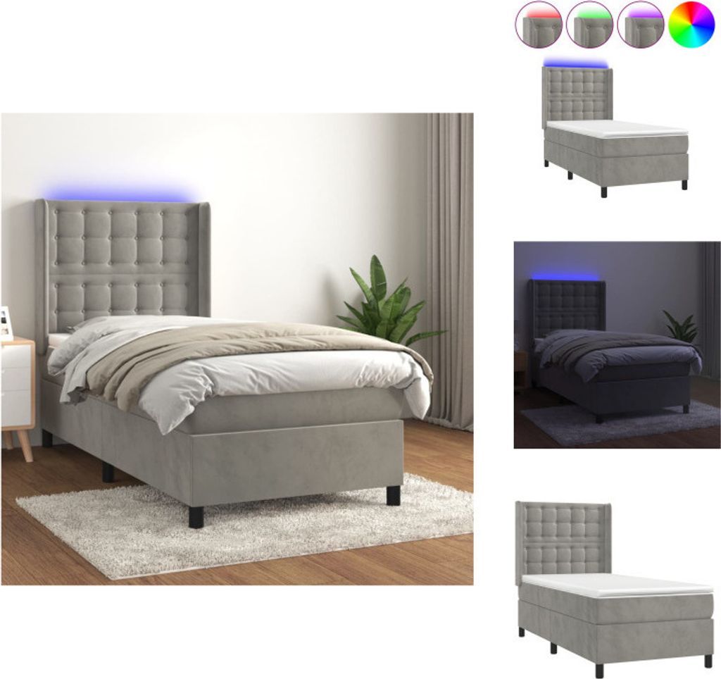 vidaXL Boxspringbett mit Matratze & LED Hellgrau 90x200 cm Samt - Betten & Bettgestelle