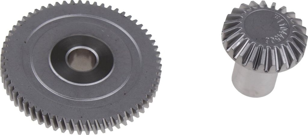 Two metal gears are shown against a white background.