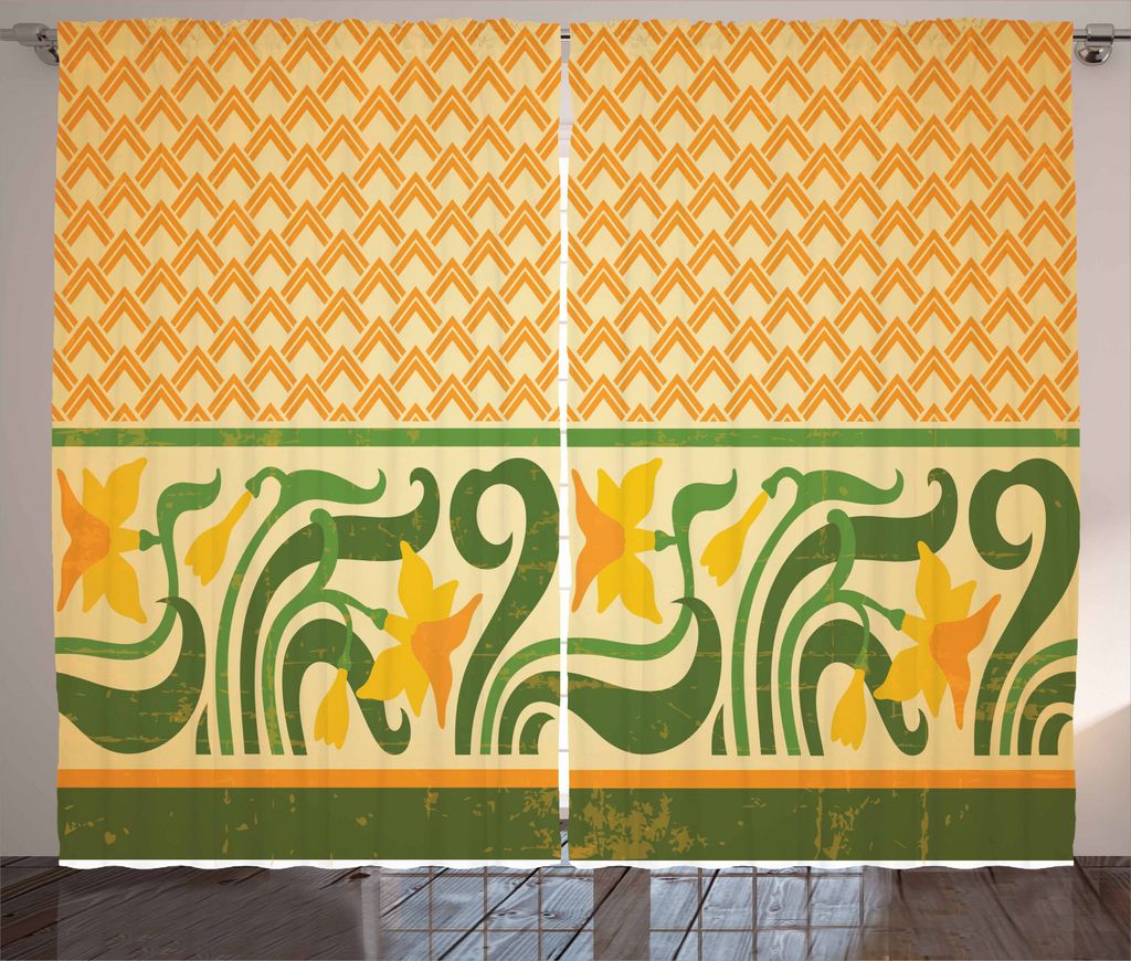 ABAKUHAUS Jugendstil Rustikaler Vorhang, Aufwändige Narzissen, Wohnzimmer Universalband Gardinen mit Schlaufen und Haken, 280 x 225 cm, Orange Gel...
