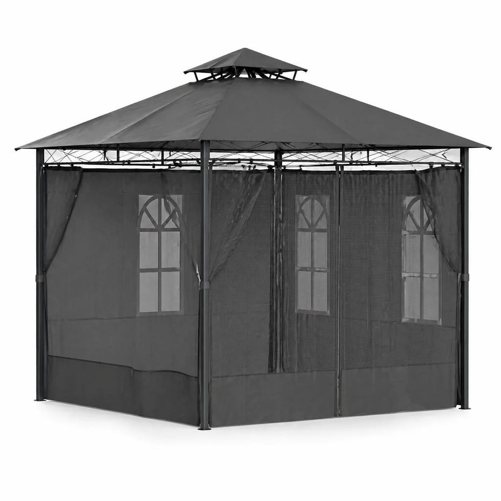 Gartenpavillon 3 x 3 m mit Seitenteilen, Partyzelt Dunkelgrau, Sichtschutz-Vorhänge, Metall-Gestell, 9 qm Überdachung, Höhe 2,88 m, wetterfest