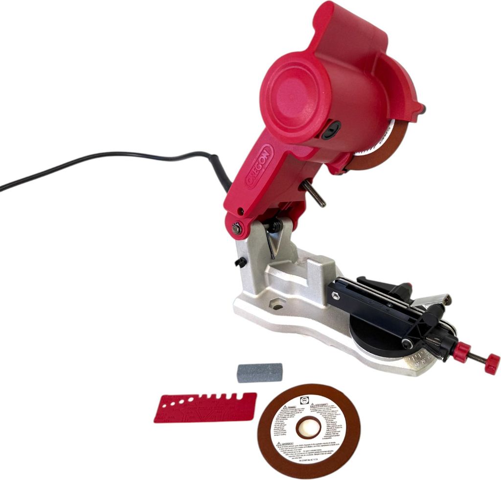 A red and gray chainsaw sharpener is shown on a white background with some accessories.