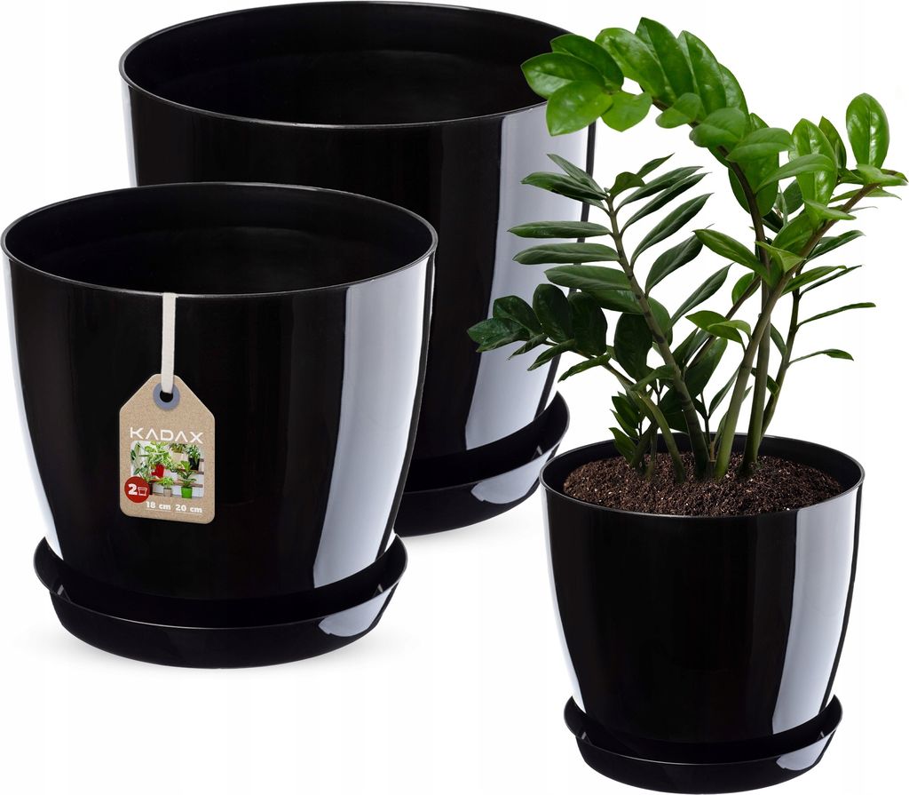 KADAX Blumentöpfe aus Kunstsoff "Agen", Topf mit Untersetzer. Pflanzkübel, 18 cm + 20 cm, Schwarz