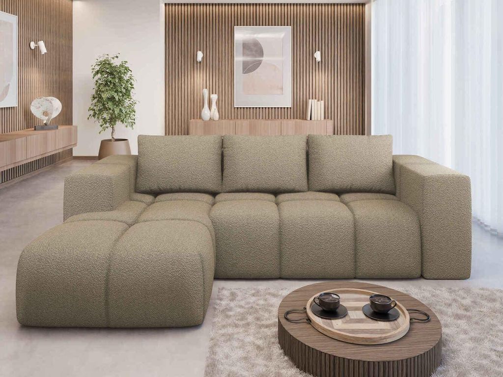 MODERNO Ecksofa mit Schlaffunktion FLAVIO, Boucle Schlafcouch, Links, Beige