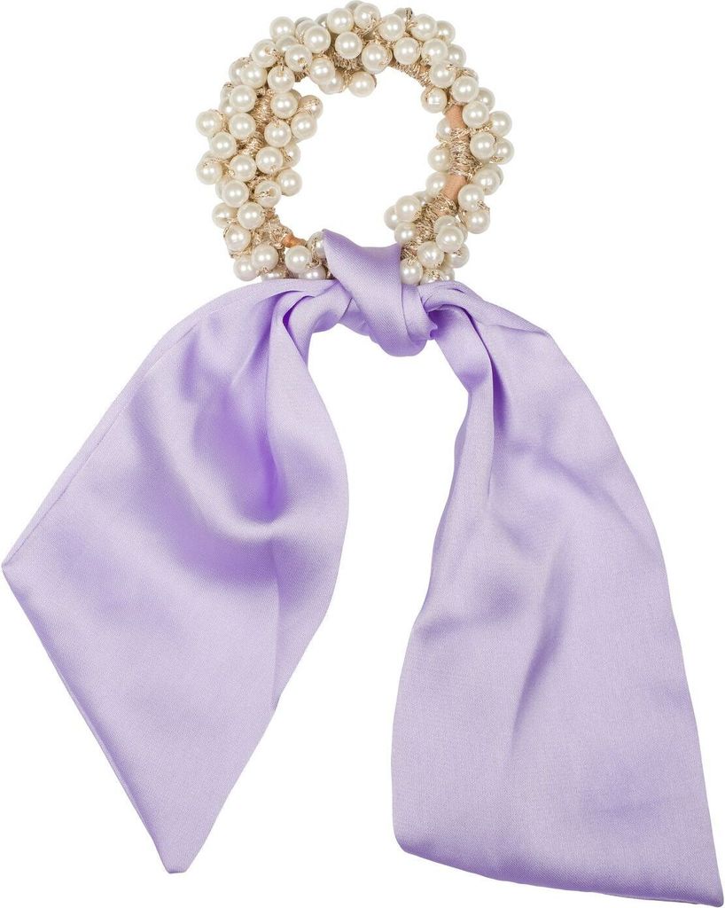 styleBREAKER Damen Perlen Haargummi mit Satin Schleife, elastisch, Scrunchie, Zopfgummi, Satinband, Haarband 04027037