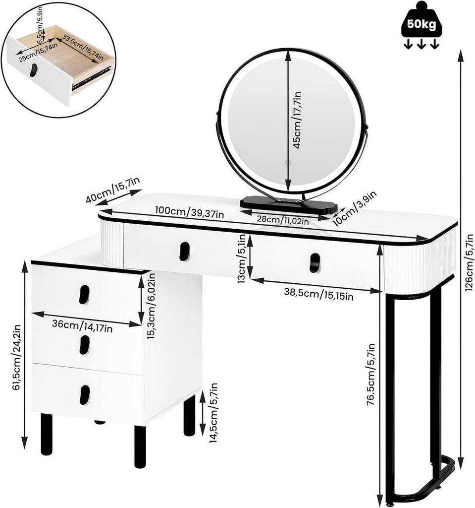 WOLTU Schminktisch mit LED, Spiegel, 2 Schubladen, Produktbild 3