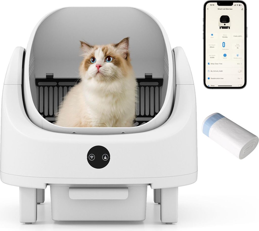 COSTWAY Selbstreinigende Katzentoilette, offen, Katzenklo selbstreinigend mit App-Steuerung, Geruchskontrolle, Sensorsicherheit&Müllbeutel