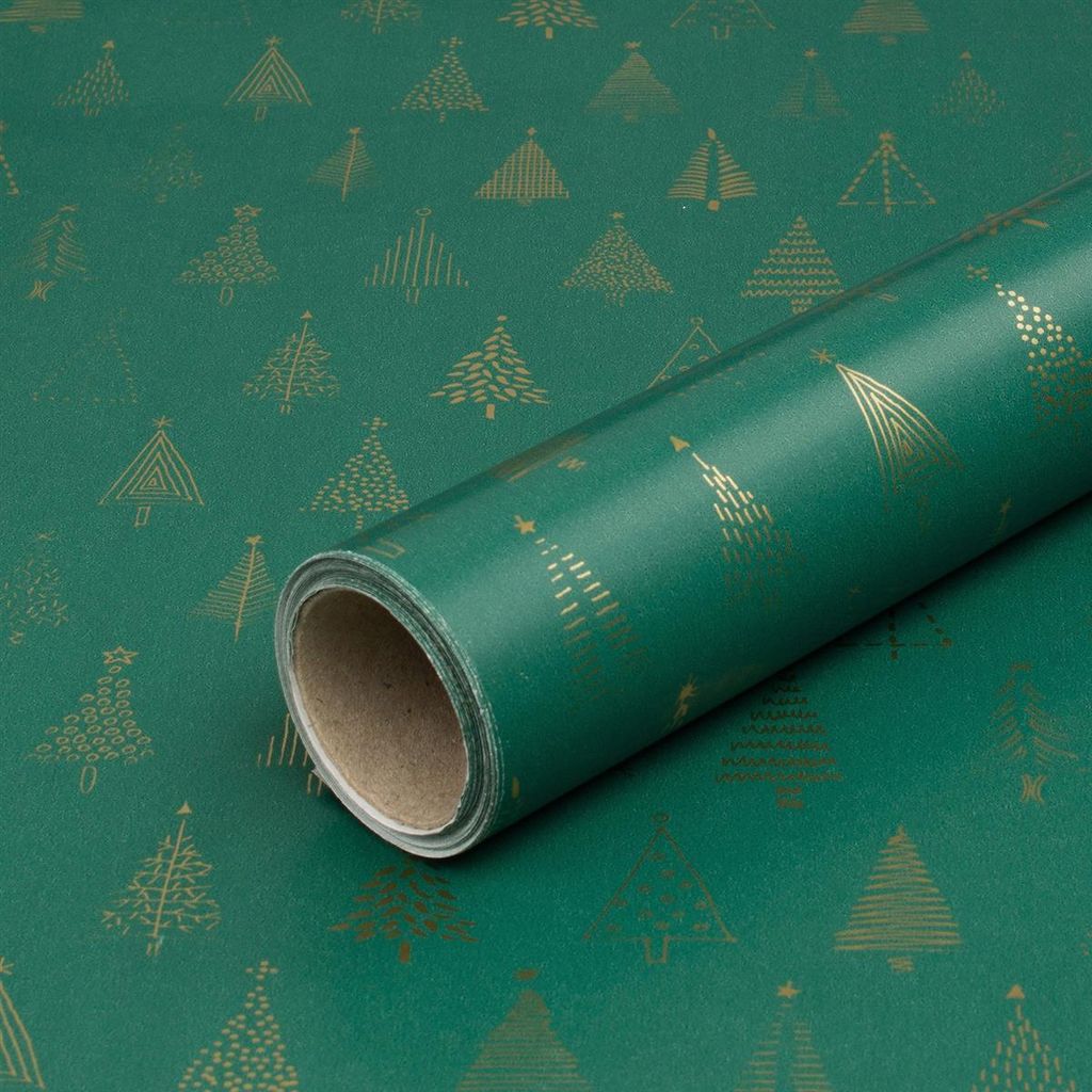 Geschenkpapier für Weihnachten, Goldene Tannen, Grün, 0,70 x 10 m