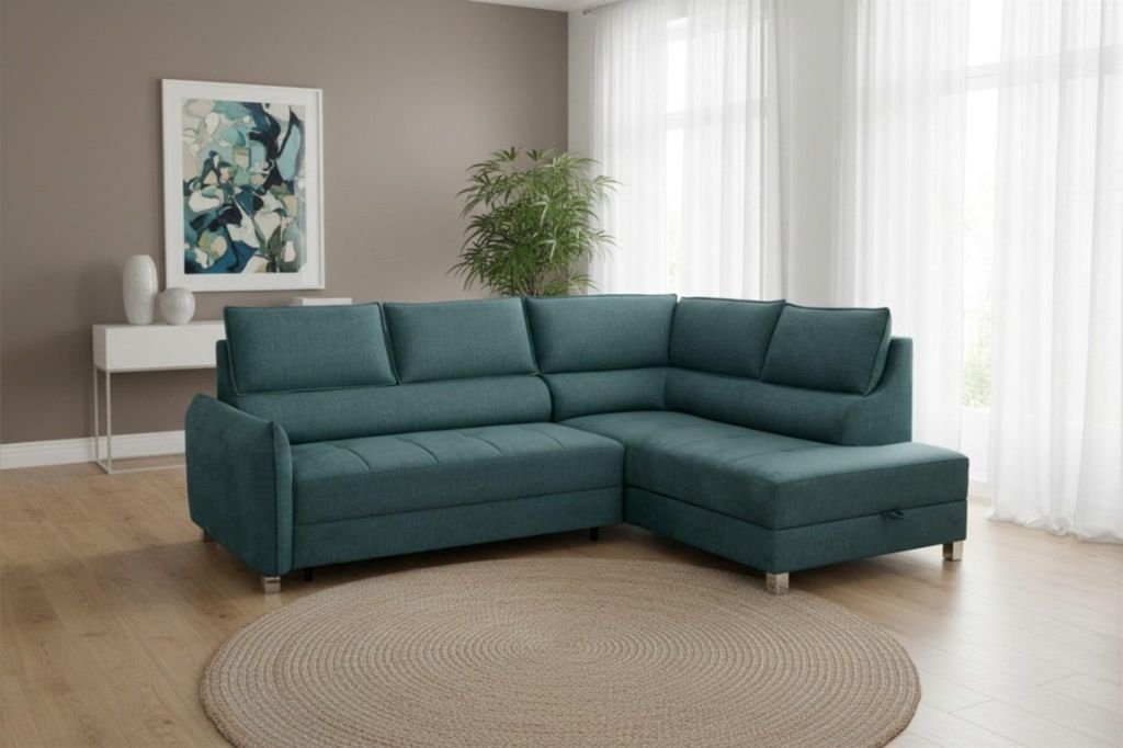 Ecksofa Schlafsofa Sofa MARNO in Stoff Chill Me Grün Ottomane Rechts