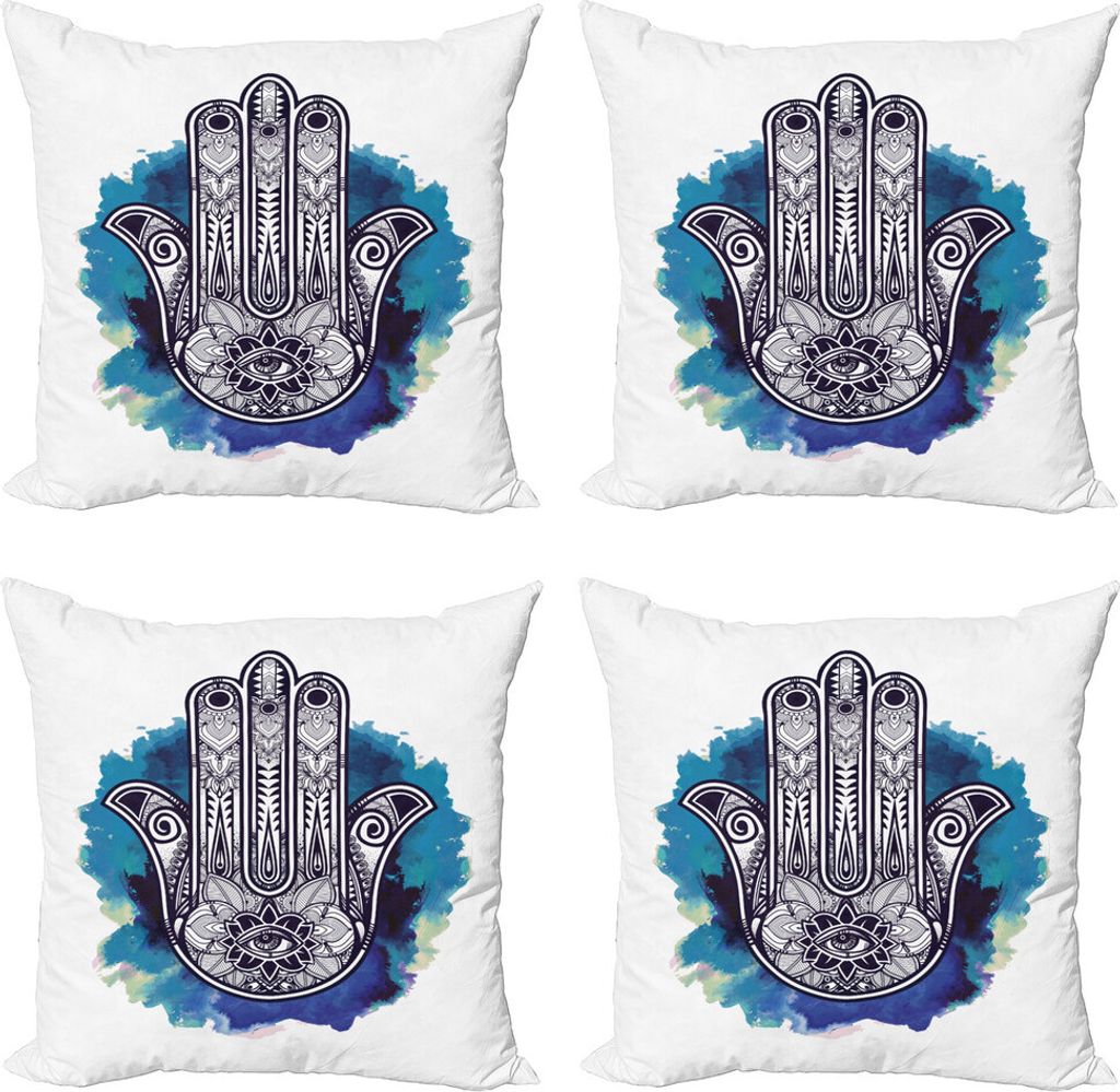 ABAKUHAUS Evil Eye Kissenbezug Set (4 Stück), Hamsa Brushstrokes, Moderner Doppelseitiger Digitaldruck, 50 cm x 50 cm, Blassblau Dunkelblau