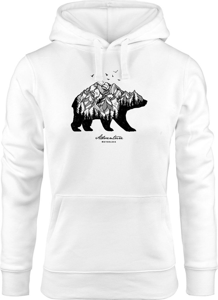 Hoodie Damen Bär Abenteuer Berge Wald Bear Mountains Adventure Kapuzen-Pullover Neverless weiß S