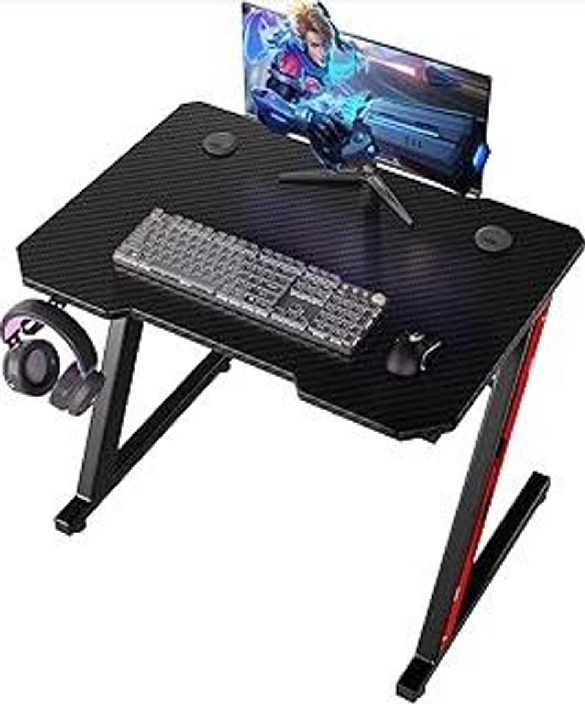 Devoko Gaming Tisch 80 x 52 cm, Z-Frame Gamer Schreibtisch mit Kopfhörerhaken & Getränkehalter, Kohlebeschichtung Ergonomischer PC Computertisch,...