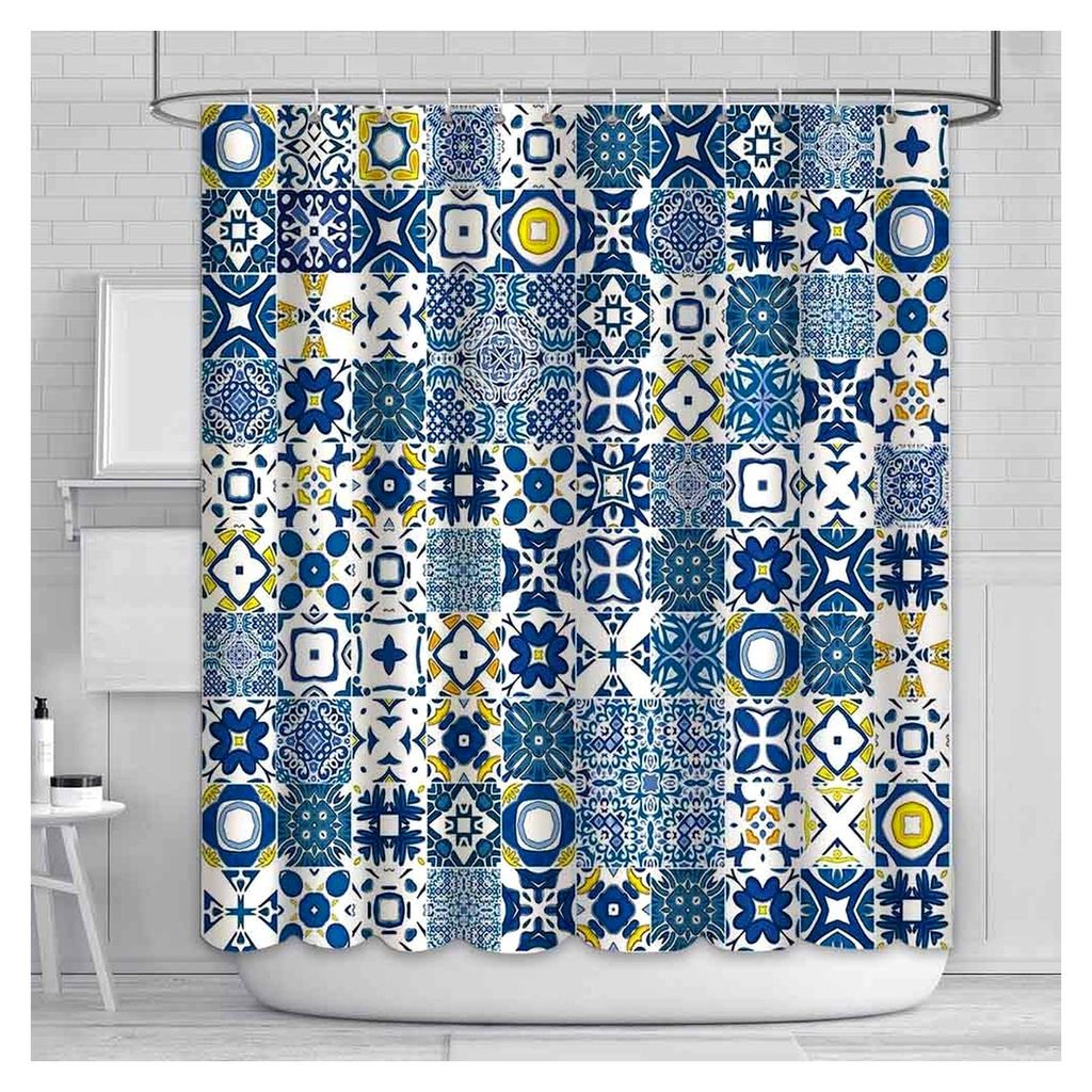 Duschvorhang 180 x 180 cm mit blauen und gelben Fliesen, modernes Retro-Design, marokkanisches Mosaik, portugiesisches Mittelmeer, strapazierfähig