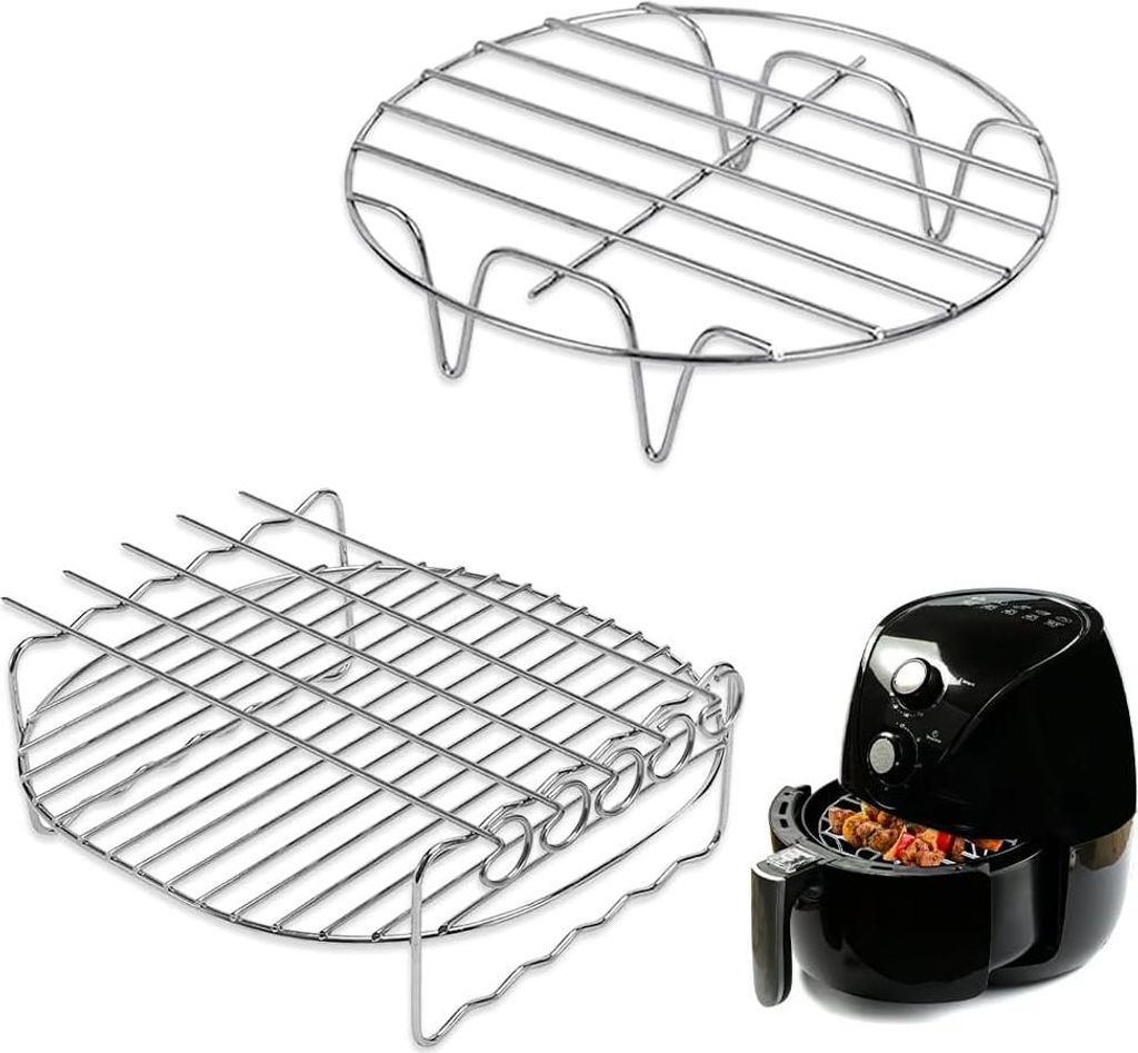 2 Stück Heißluftfritteuse Zubehör, Air Friteuse Grill Heißluftfritteuse Grillrost mit 4 Spießen Edelstahl Airfryer Grillpfanne 17,7cm Edelstahl
