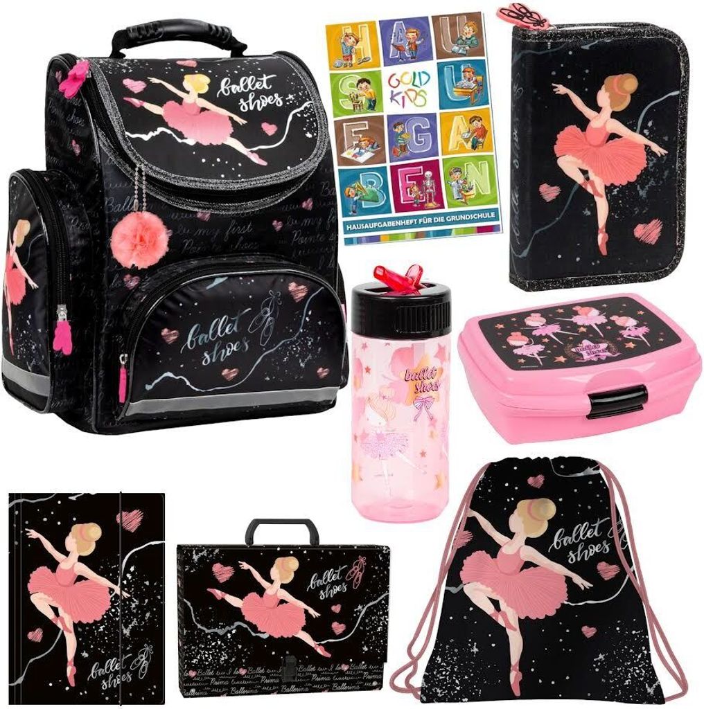 Set 8er Schulranzen Ballerina Tänzerin Motiv Ranzen Tornister Federmappe Turnbeutel Gummizugmappe Aktentasche Brotdose Trinkflasche Aufgabenheft f...
