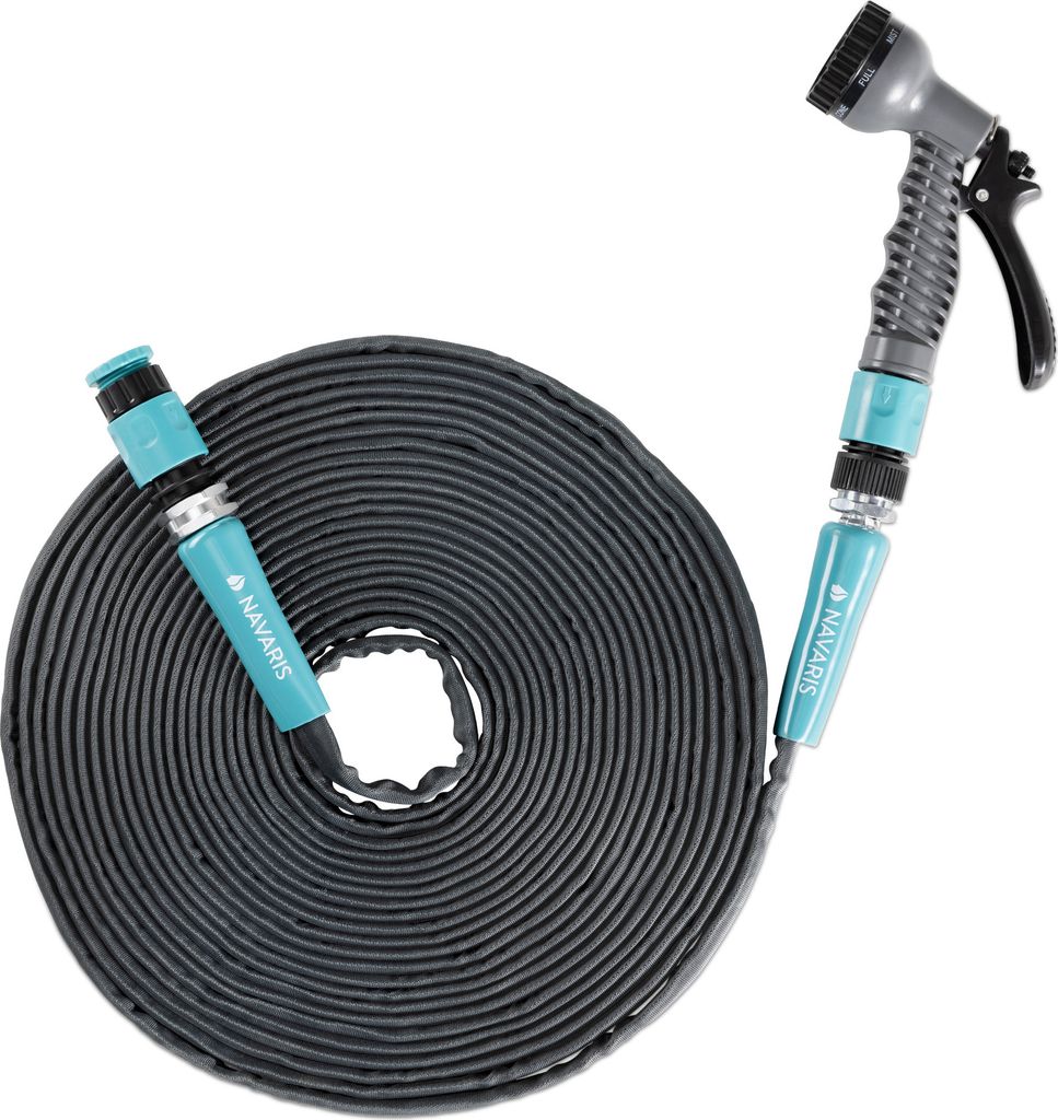Navaris Flexibler Gartenschlauch 15m - Flachschlauch mit Brause und Schnelladaptern - Wasserschlauch knickfrei - PVC Schlauch mit Textilhülle