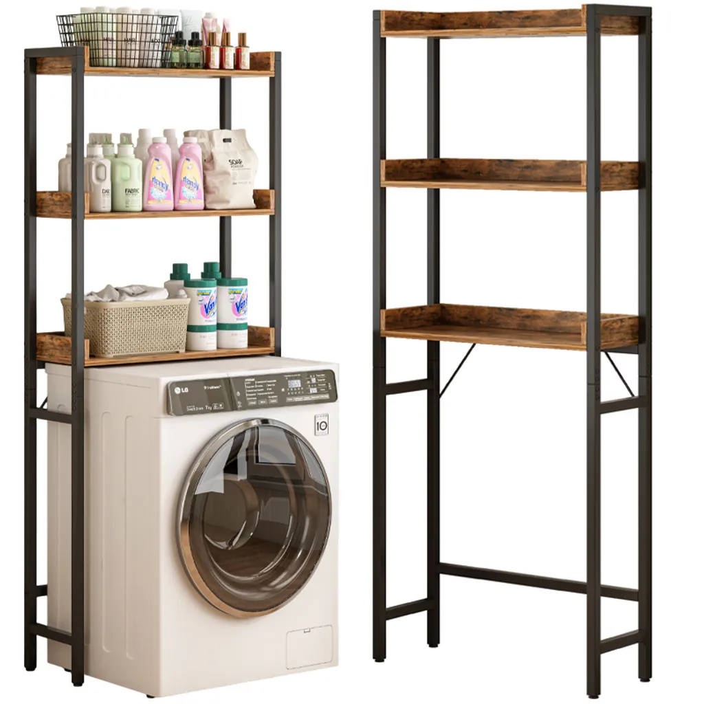 Meuble WC et lave-linge industriel 165 cm, étagères bois et métal noir