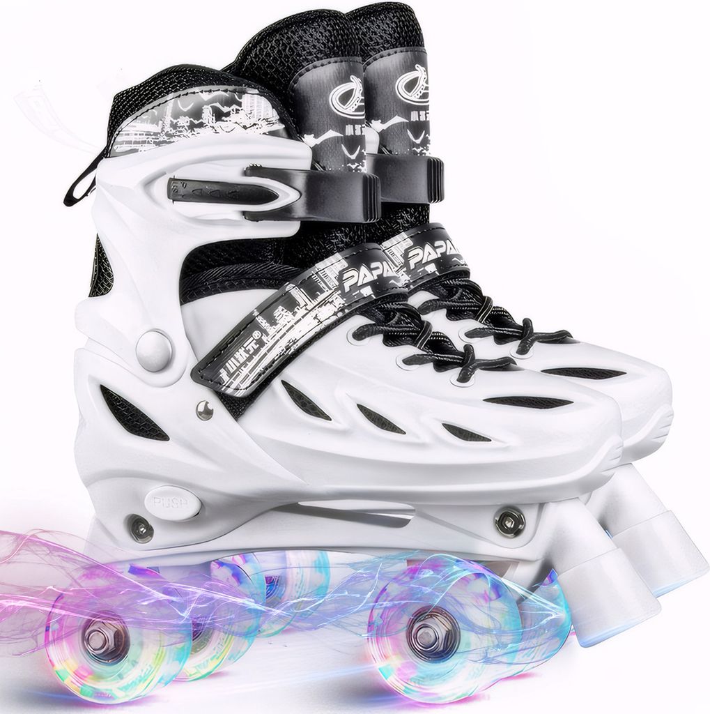 (Weiß)Rollschuhe Rollerskates Atmungsaktiv Größenverstellbar Eislaufschuhe mit Bremse Quad Roller ABEC7 Lager Leuchtenden Rädern für Junge...