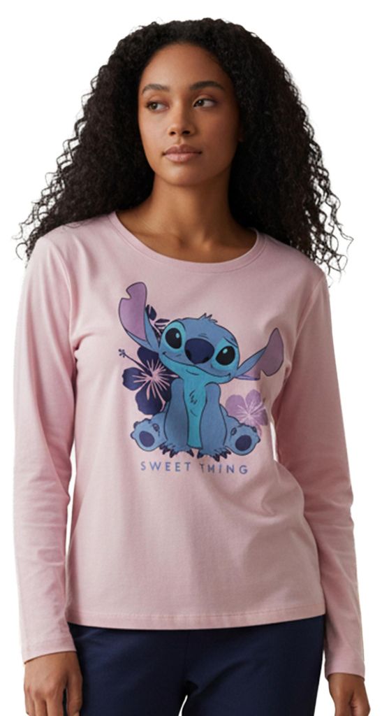 Disney Lilo & Stitch Schlafanzug für Damen - Sweet Thing Pyjama Set Langarm Oberteil mit Hose Rosa/Blau XL