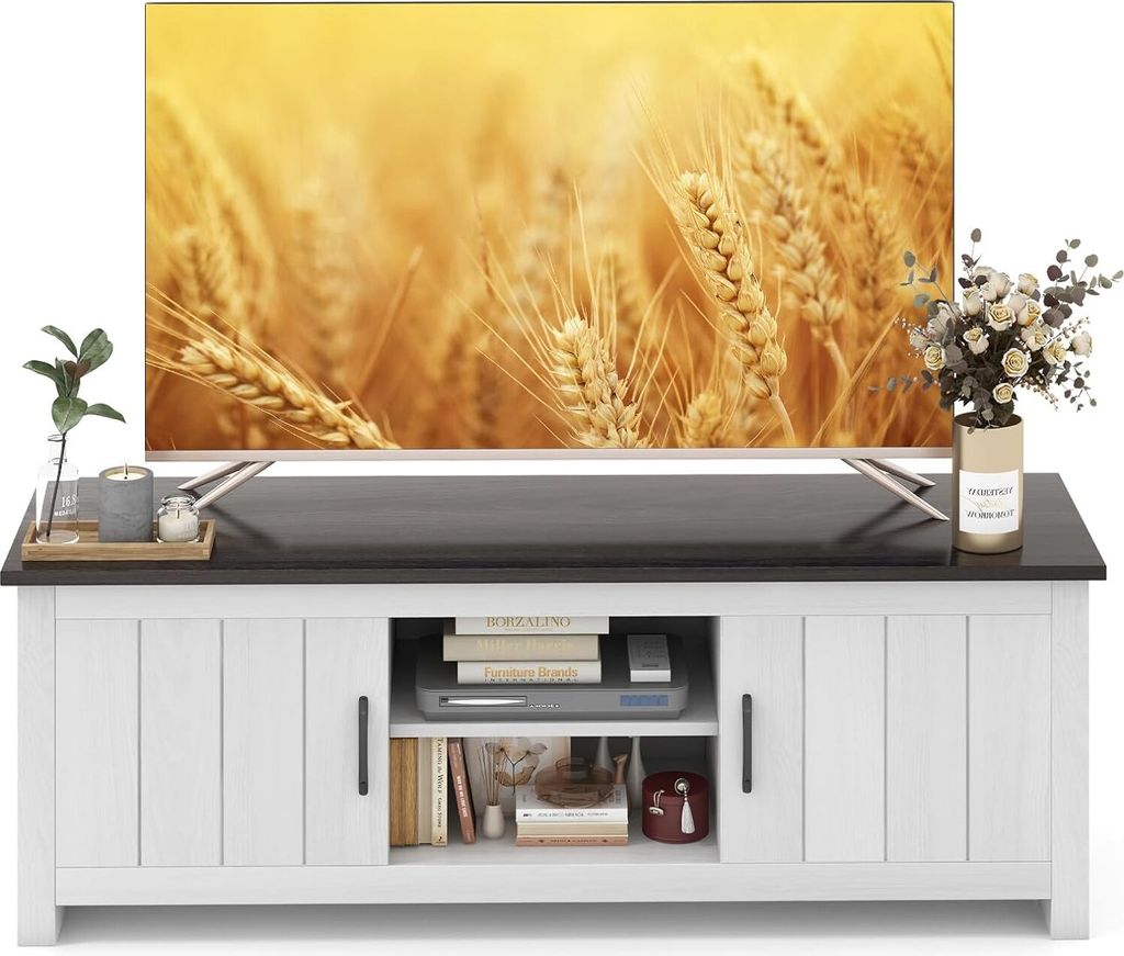 KOMFOTTEU Fernsehtisch, Lowboard für Fernseher bis zu 65 Zoll, TV Ständer mit 2 Schränken & 2 offenen Regalen, Fernsehschrank TV Schrank für Wo...