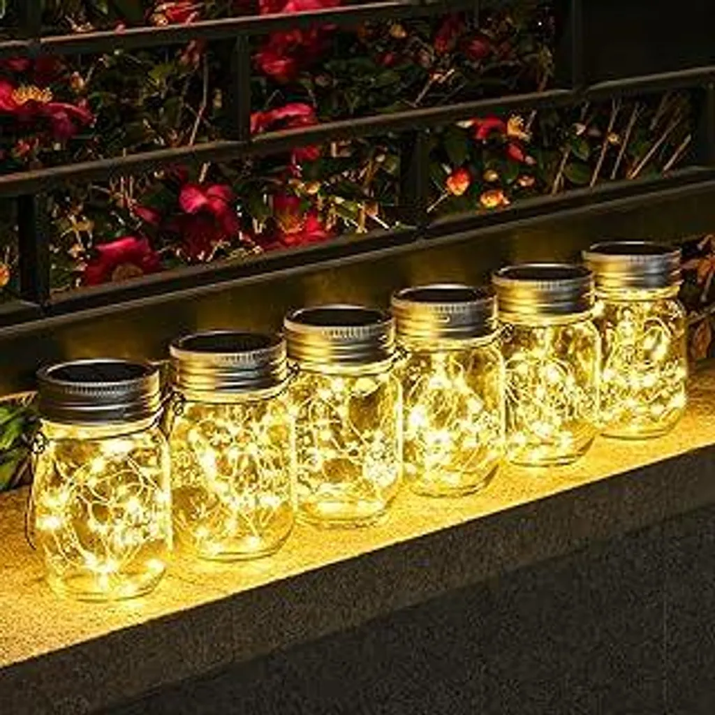 Solpex Lanterna solare per esterni, lampada solare, 6 pezzi, vetro solare con catena luminosa, 180 LED, lanterna sospesa, barattolo di vetro, vetro LED, IP44 impermeabile, lampada da giardino per giardino, terrazza, balcone, bianco caldo